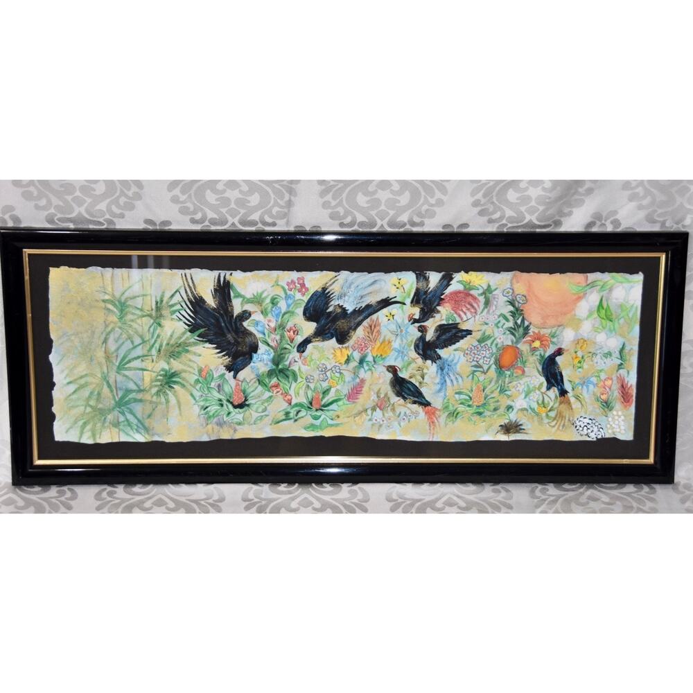 Garden Birds Motif Mixed Media Paper Bamboo Painting Wall Decor Framed